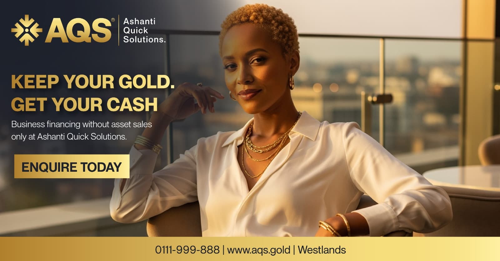 Landscape banner of a confident woman in a white blouse and gold jewellery beside the headline Keep your gold, get your cash, with an Enquire today button.