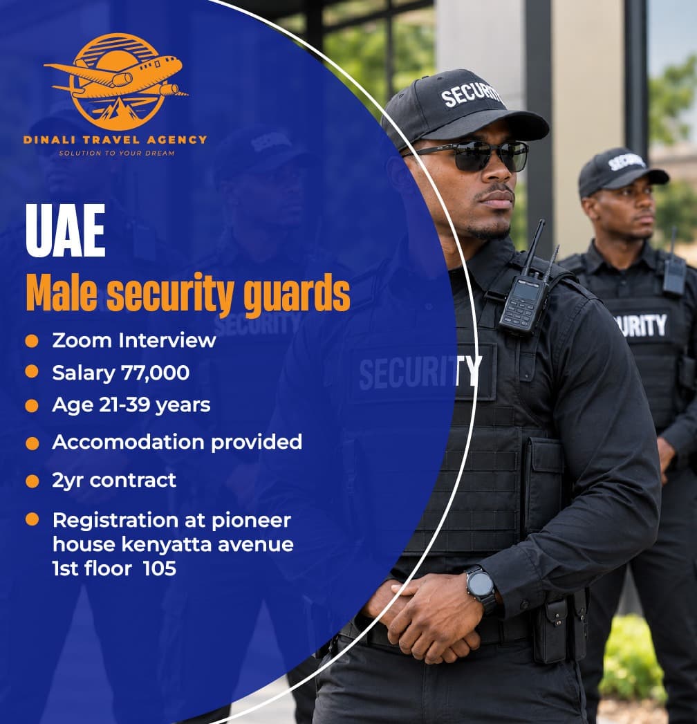 Dinali Travel Agency recruitment poster for male security guards in the UAE, listing salary, age range, contract and registration details beside uniformed guards.