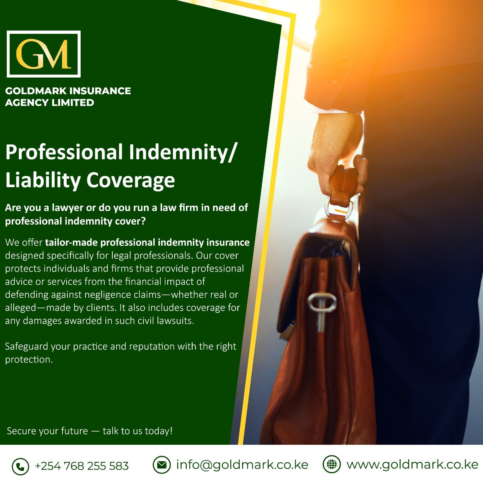 Square post on professional indemnity insurance for lawyers, with a green text panel beside a man carrying a leather briefcase.