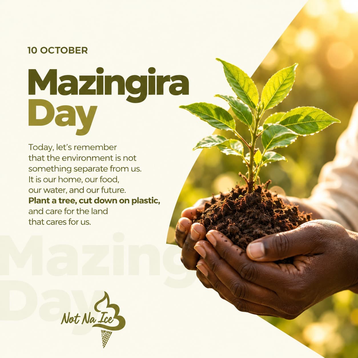 Mazingira Day post showing hands holding a seedling in soil, with a short message about caring for the environment and the Not Na Ice logo.